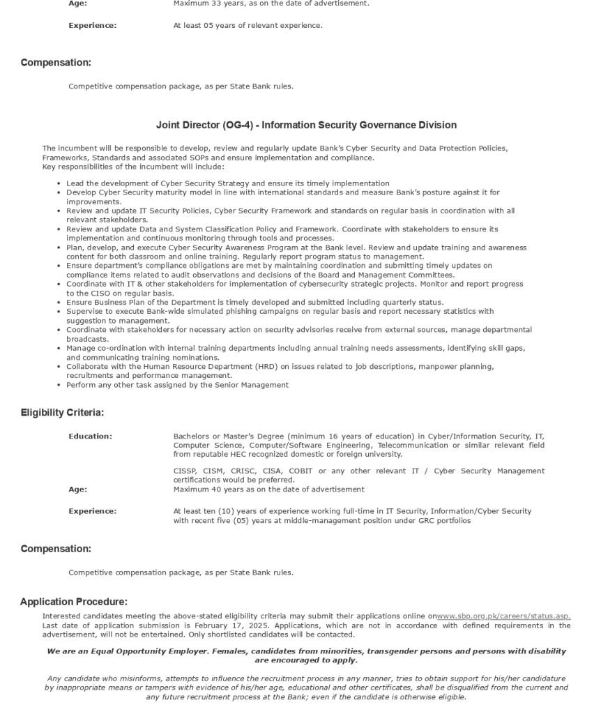 State Bank of Pakistan SBP Jobs 2025 for Cyber Security Department