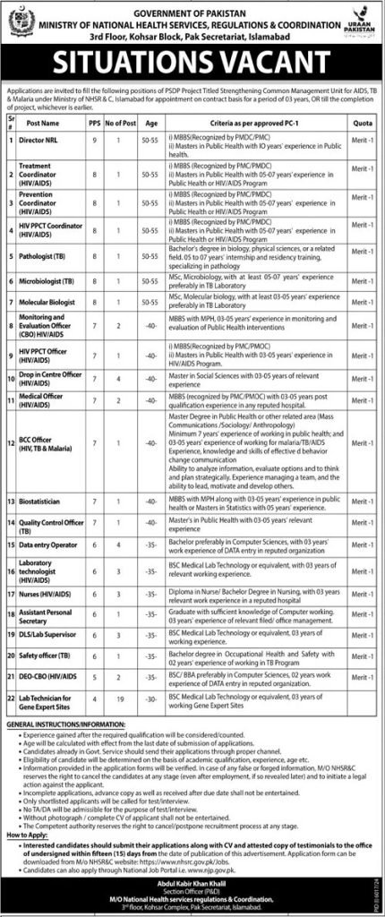 Govt of Pakistan Ministry of National Health Services Jobs 2025